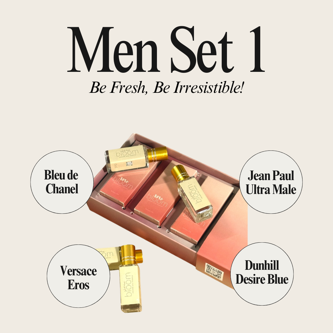 Men Set 1 contains Bleu de Chanel, Versace Eros, Jean Paul Gaultier Ultra Male & Dunhill Desire Blue